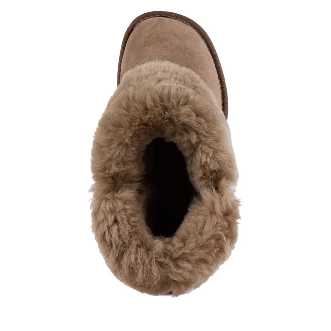 Top view of the EMU Womens Mintaro Sheepskin Slipper in Mushroom, featuring tan suede and thick, fluffy light brown shearling lining around the opening—crafted in the tradition of classic Australian sheepskin slippers., 51402, 9330071981665, 9330071981672, 9330071981689, 51406, 51407, 51408