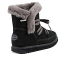 The Emu Womens Thorsby Black Sheepskin Ankle Boot Waterproof features black suede, gray faux fur lining, gray laces, EMU Australia label, rugged sole, and visible stitching for warmth, arch support, and waterproof protection in cold weather., 9330071980507, 9330071980514, 9330071980521