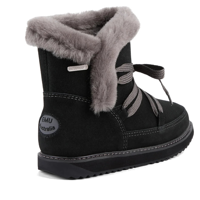 The Emu Womens Thorsby Black Sheepskin Ankle Boot Waterproof features black suede, gray faux fur lining, gray laces, EMU Australia label, rugged sole, and visible stitching for warmth, arch support, and waterproof protection in cold weather., 9330071980507, 9330071980514, 9330071980521