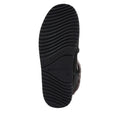 The image displays the black rubber sole of the Emu Womens Thorsby Black Sheepskin Ankle Boot Waterproof by EMU Australia, featuring wavy treads, a waterproof label, and visible fur lining for comfort and dependable winter wear., 9330071980507, 9330071980514, 9330071980521