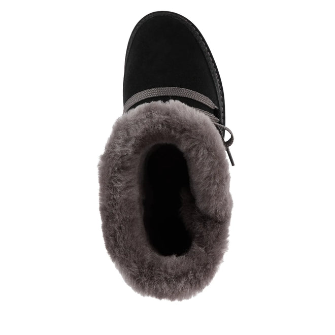 Top view of the Emu Womens Thorsby Black Sheepskin Ankle Boot, featuring waterproof protection, gray faux fur lining, lace-up front, and plush interior comfort., 9330071980507, 9330071980514, 9330071980521