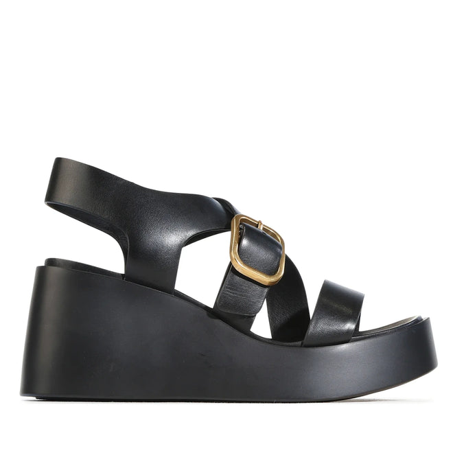 Introducing the EOS Arianis Black Womens Leather Platform Wedge Sandals: these stylish sandals feature a chunky platform wedge sole, crisscross black leather straps, and an adjustable ankle strap accented with a gold buckle. Designed with an anatomical footbed for superior comfort, the EOS Arianis is shown in side profile against a white background., 54247, 9321190083316, 9321190083323, 9321190083330, 9321190083347, 9321190083354, 54253