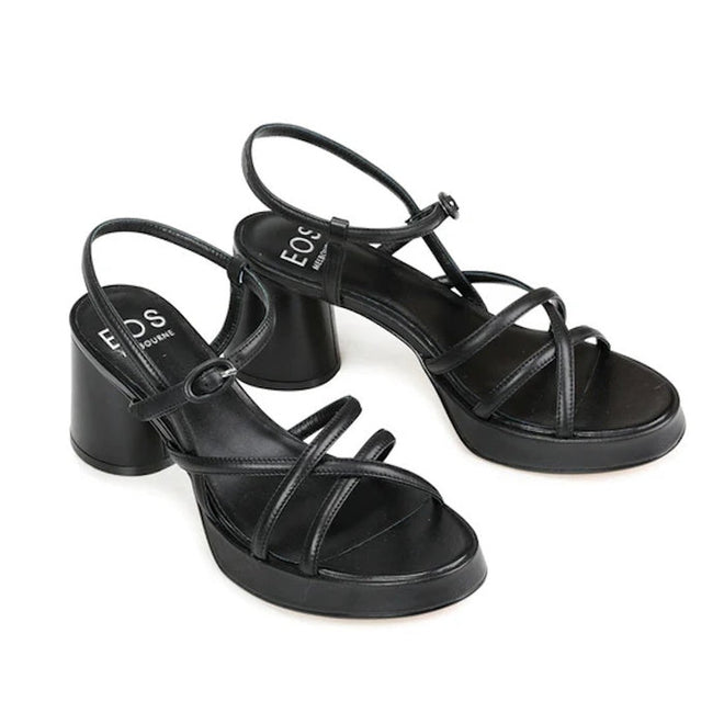 A pair of EOS Womens Doriano Strappy Leather Sandals with block heel and ankle strap in black leather, shown on a white background., 41917, 9321191213842, 9321191213859, 9321191213866, 9321191213873, 9321191213880