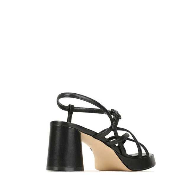 The EOS Womens Doriano Strappy Leather Sandal with Heel in black features strappy leather details, a thick flared block heel, and an open toe—an elegant update to classic heeled sandals, shown in side view on a white background., 41917, 9321191213842, 9321191213859, 9321191213866, 9321191213873, 9321191213880