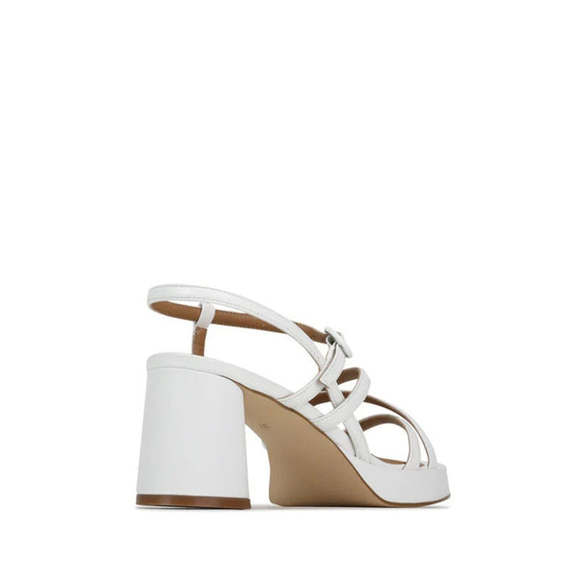 The EOS Womens Doriano Strappy Leather Sandal with Heel in white features a strappy leather design, thick block heel, and ankle strap. Shown from the side against a plain background., 41911, 9321191214054, 9321191214061, 9321191214078, 9321191214085, 9321191214092