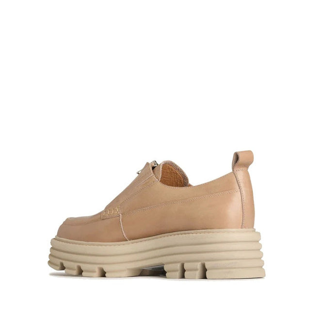 A single EOS Jazzy Taupe Leather Zip Top Shoe with a chunky, layered beige flatform heel and a pull tab at the heel is displayed on a white background., 36541, 9321191192567, 9321191192574, 9321191192581, 9321191192598, 9321191192604, 36547