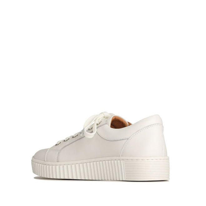 The EOS Joyce Leather Trainer is a white low-top Italian Aniline leather sneaker with white laces, side zip, and a textured rubber sole, shown from a rear side angle on a plain white background., 9321191044484, 9321191044491, 9321191044507, 9321191044514, 9321191044521, 36512, 36513