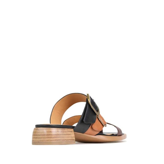 The EOS Teia Black/Brandy/Coconut Low Heeled Sandal Slide features an open toe, wide multicolored cashmere leather straps, and a low stacked wooden block heel, shown from the back on a plain white background., 9321191143965, 9321191143972, 9321191143989, 9321191143996, 9321191144009