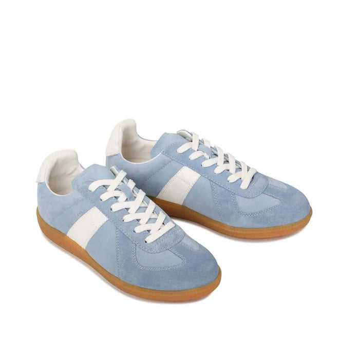 The EOS Melbaa Sky Suede Leather Lace Up Trainer features light blue suede, white laces, side stripes and heel tabs, plus light brown gum soles; casual t-toe sneakers displayed on a white background., 41698, 9321191224558, 9321191224565, 9321191224572, 9321191224589, 9321191224596, 41704