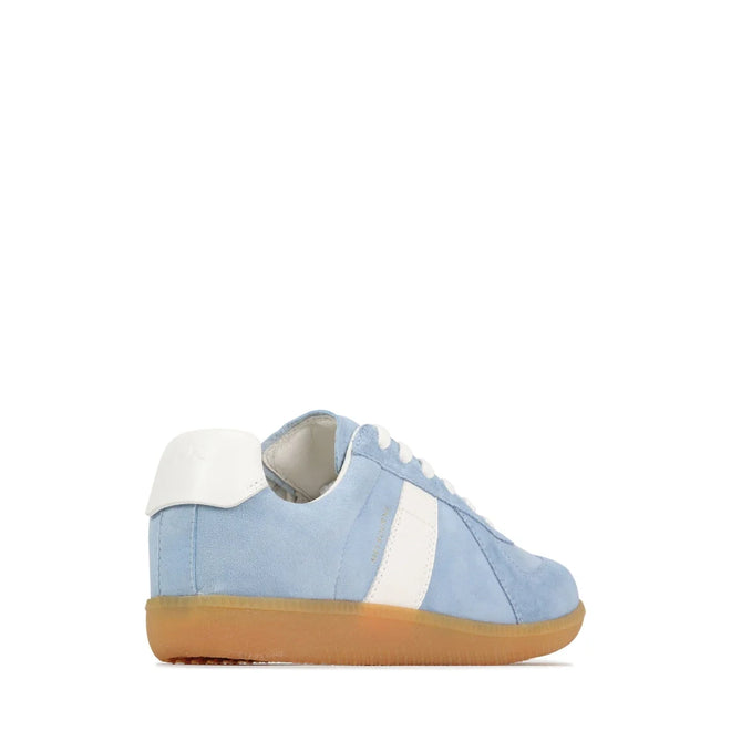 The EOS Melbaa Sky Suede Leather Lace Up Trainer features a light blue upper, white heel tab, white side stripe, white laces, and a gum rubber sole, displayed in a rear side view against a white background., 41698, 9321191224558, 9321191224565, 9321191224572, 9321191224589, 9321191224596, 41704