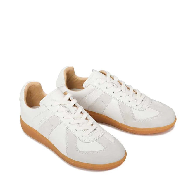 The EOS Melbaa White Leather Lace Up Trainer features white aniline leather and suede, beige accents, and light brown rubber soles, displayed on a white background., 41691, 9321191224626, 9321191224633, 9321191224640, 9321191224657, 9321191224664, 41697