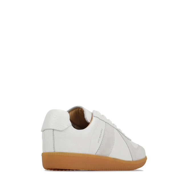The EOS Melbaa White Leather Lace Up Trainer features white aniline leather and a light brown gum sole, shown from the back and side to highlight the heel, laces, and part of the outer side., 41691, 9321191224626, 9321191224633, 9321191224640, 9321191224657, 9321191224664, 41697