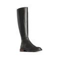 The EOS Blanche Women's Black Leather High Boot features a low brown heel and is displayed in profile on a white background.
