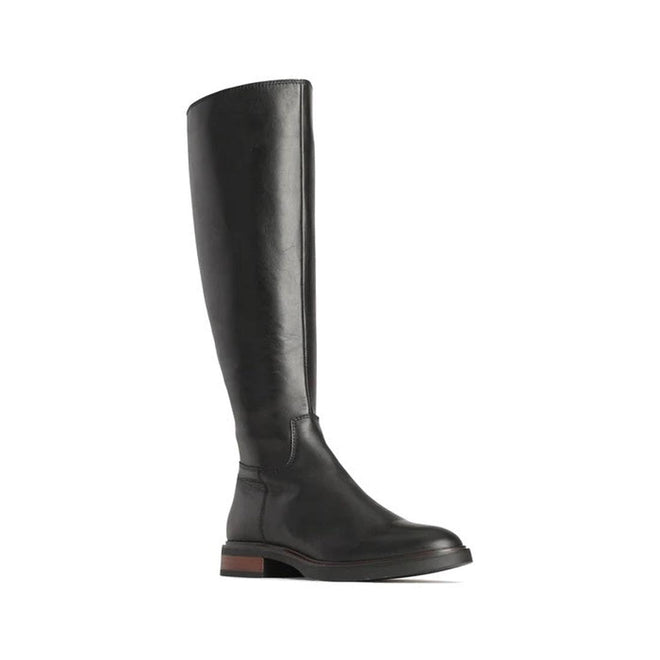 The EOS Blanche Women's Black Leather High Boot features a low brown heel and is displayed in profile on a white background.