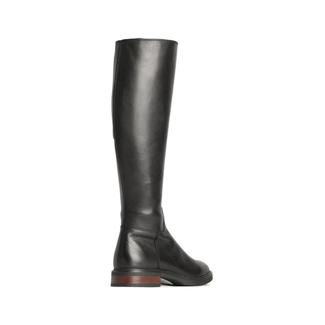 The EOS Blanche Women's Black Leather High Boot with a low brown stacked heel is shown from the side against a white background., 9321191187808, 9321191187815, 9321191187822, 9321191187839, 9321191187846, 50595