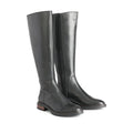 The EOS Blanche Women's Black Leather High Boot features a sleek design with low heels and a side zipper, displayed against a plain white background., 9321191187808, 9321191187815, 9321191187822, 9321191187839, 9321191187846, 50595