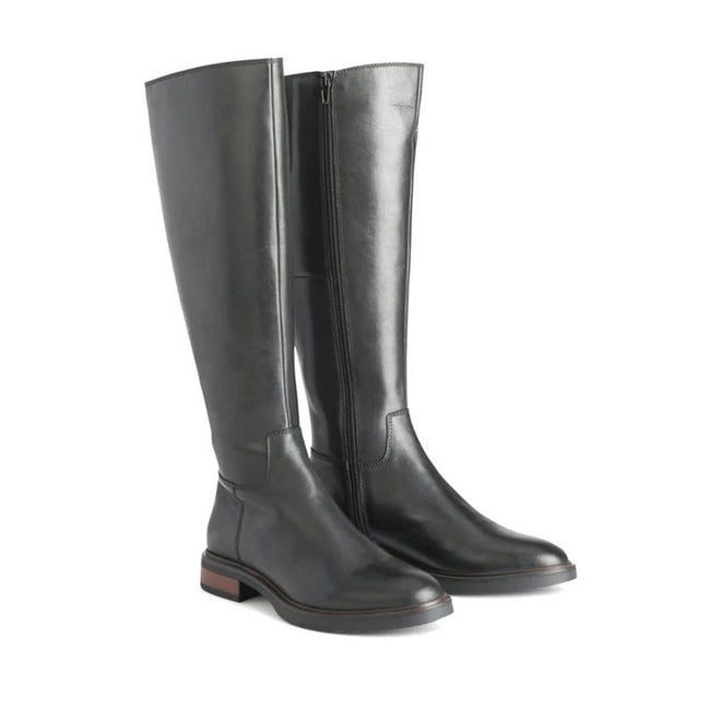 The EOS Blanche Women's Black Leather High Boot features a sleek design with low heels and a side zipper, displayed against a plain white background., 9321191187808, 9321191187815, 9321191187822, 9321191187839, 9321191187846, 50595