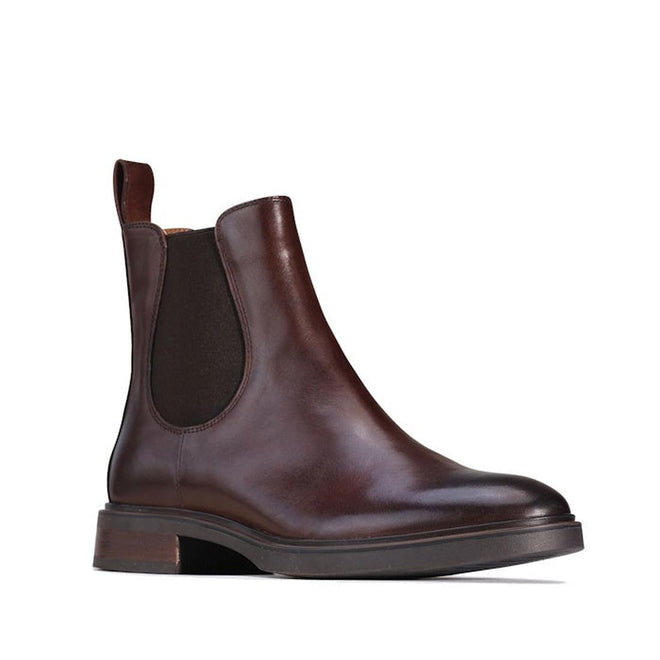 the right foot outerside veiwof a  brown EOS Blaik Chestnut women's leather chelsea ankle boot with a pull-on design and a low heel.