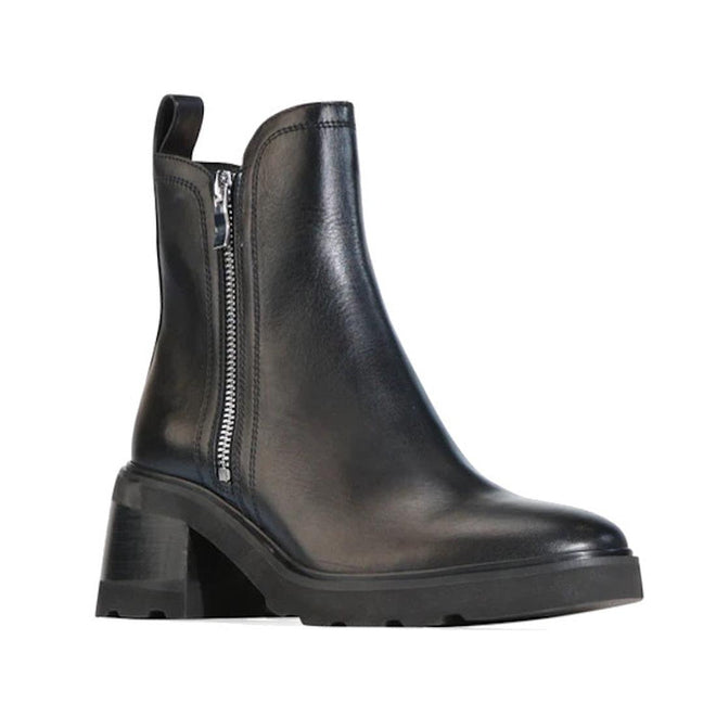 The EOS Finola Black Women's Heeled Leather Ankle Boot features a chunky heel, side zips, and a back pull tab, shown on a white background.