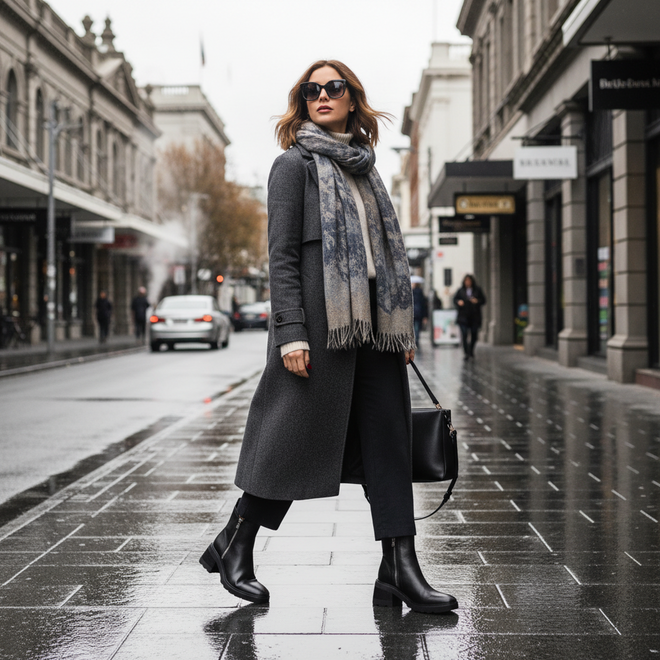 a woman wearring the eos black finola ankle boots in black in  a city., 9321190029154, 9321190029161, 9321190029178, 9321190029185, 9321190029192, 50588, 50589