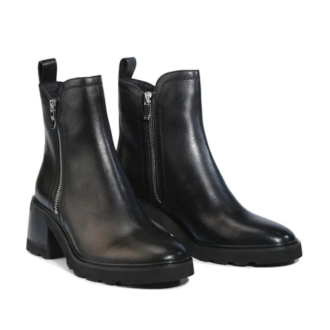 The EOS Finola Black Women's Heeled Leather Ankle Boot with Zips features side zippers, block heels, a rugged sole, and a rear pull tab., 9321190029154, 9321190029161, 9321190029178, 9321190029185, 9321190029192, 50588, 50589