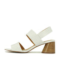 The EOS Peto White Leather Sandal features two wide straps, a slingback back strap, a medium-height minimalist heel with a wood-like design, and a flat sole—ideal businesswoman shoes. Displayed on a white background., 49562, 49563, 49564, 49565, 49566, 49567