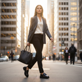 A confident woman in business attire walks across a city street at sunset, carrying a black handbag and wearing EOS Womens Leia Loafer Slip In Black Leather with chic cleated heels. Tall office buildings line the street with people in the background., 50596, 9321190036855, 9321190036862, 9321190036879, 9321190036886, 9321190036893, 50602