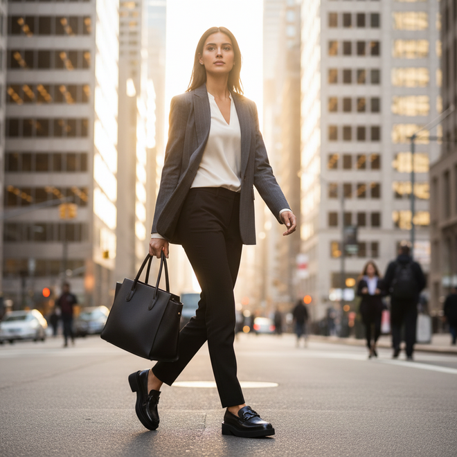 A confident woman in business attire walks across a city street at sunset, carrying a black handbag and wearing EOS Womens Leia Loafer Slip In Black Leather with chic cleated heels. Tall office buildings line the street with people in the background., 50596, 9321190036855, 9321190036862, 9321190036879, 9321190036886, 9321190036893, 50602