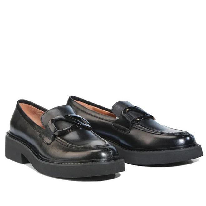 The EOS Womens Leia Loafer Slip In Black Leather features chunky cleated heels and decorative buckles, displayed against a white background., 50596, 9321190036855, 9321190036862, 9321190036879, 9321190036886, 9321190036893, 50602