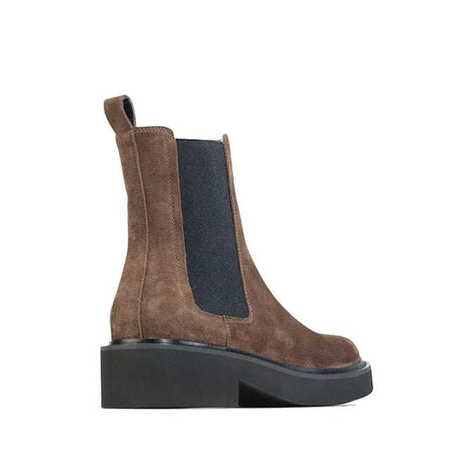 The EOS Womens Leilin Suede Kalamata Brown Ankle Pull On Boot features brown suede, a thick black sole, black elastic side panels, and a pull tab. Shown in profile against a white background with a stylish stack heel., 9321190037555, 9321190037562, 9321190037579, 9321190037586, 9321190037593, 50608, 50609