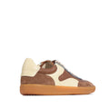 The EOS Antigona Pecan Leather Lace Up Trainer is a low-top sneaker with cream, brown, and tan suede and leather panels, white laces, a cushioned footbed, and a light brown rubber sole, shown side view on a white background., 50069, 9321190000733, 9321190000740, 9321190000757, 9321190000764, 9321190000771, 50075