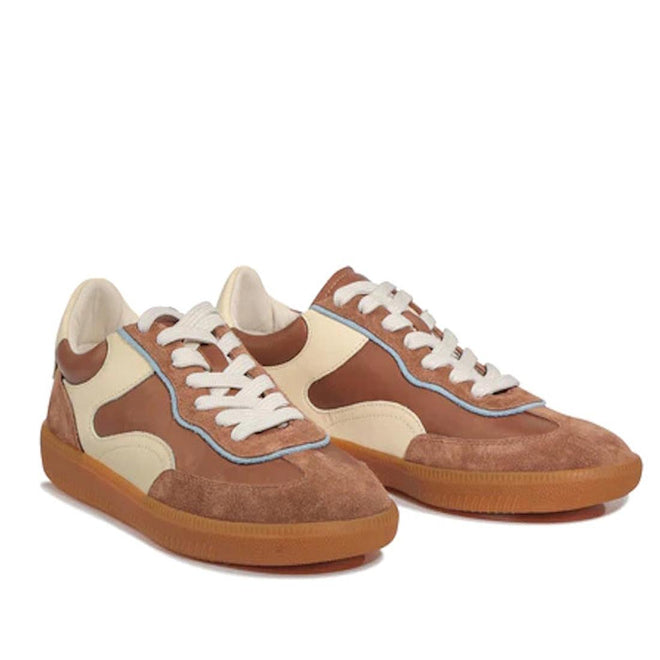 The EOS Antigona Pecan Leather Lace Up Trainer features a brown suede upper with cream panels, white laces, a cushioned footbed, and gum rubber soles, shown on a white background., 50069, 9321190000733, 9321190000740, 9321190000757, 9321190000764, 9321190000771, 50075