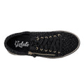 Top view of the Gelato Grapevine Leopard Women's Suede Embossed Sneaker in black with a side zip, leopard print, black laces, leather accents, and "Gelato" printed in white on the insole., 52093, 52094, 52095, 52096, 52097, 52098, 52099