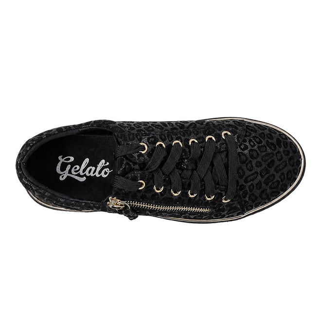 Top view of the Gelato Grapevine Leopard Women's Suede Embossed Sneaker in black with a side zip, leopard print, black laces, leather accents, and "Gelato" printed in white on the insole., 52093, 52094, 52095, 52096, 52097, 52098, 52099