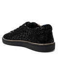 The Gelato Grapevine Leopard Women's Suede Embossed Sneaker in black features a subtle leopard pattern, gold eyelets, side zip, and a black rubber sole with a thin gold accent—seen from the back angle. Designed by Gelato New Zealand., 52093, 52094, 52095, 52096, 52097, 52098, 52099
