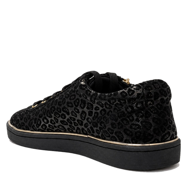 The Gelato Grapevine Leopard Women's Suede Embossed Sneaker in black features a subtle leopard pattern, gold eyelets, side zip, and a black rubber sole with a thin gold accent—seen from the back angle. Designed by Gelato New Zealand., 52093, 52094, 52095, 52096, 52097, 52098, 52099