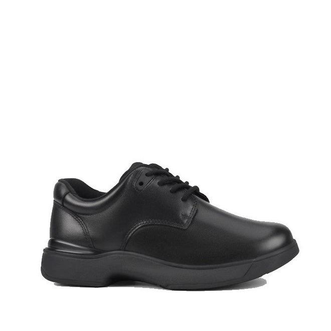 The Harrison Echo Senior E Average Width Black Leather Lace School Shoes feature a rounded toe and cushioned sole, photographed on a white background—ideal for comfortable all-day school wear.
