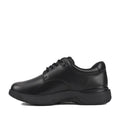 The Harrison Echo Senior E Average Width Black Leather Lace School Shoe features a rounded toe, smooth leather upper, cushioned collar, and thick rubber sole—ideal as comfy school footwear—shown from the side on a white background., 9361913031033, 49687, 9361913031057, 49689, 9361913031071, 49691, 9361913031095, 49693, 49694
