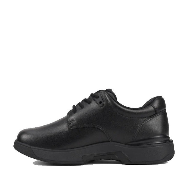 The Harrison Echo Senior E Average Width Black Leather Lace School Shoe features a rounded toe, smooth leather upper, cushioned collar, and thick rubber sole—ideal as comfy school footwear—shown from the side on a white background., 9361913031033, 49687, 9361913031057, 49689, 9361913031071, 49691, 9361913031095, 49693, 49694