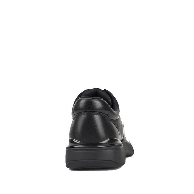 Rear view of Harrison Echo Senior E black leather lace school shoes with cushioned sole, shown on a white background—ideal for comfortable everyday school wear., 9361913031033, 49687, 9361913031057, 49689, 9361913031071, 49691, 9361913031095, 49693, 49694