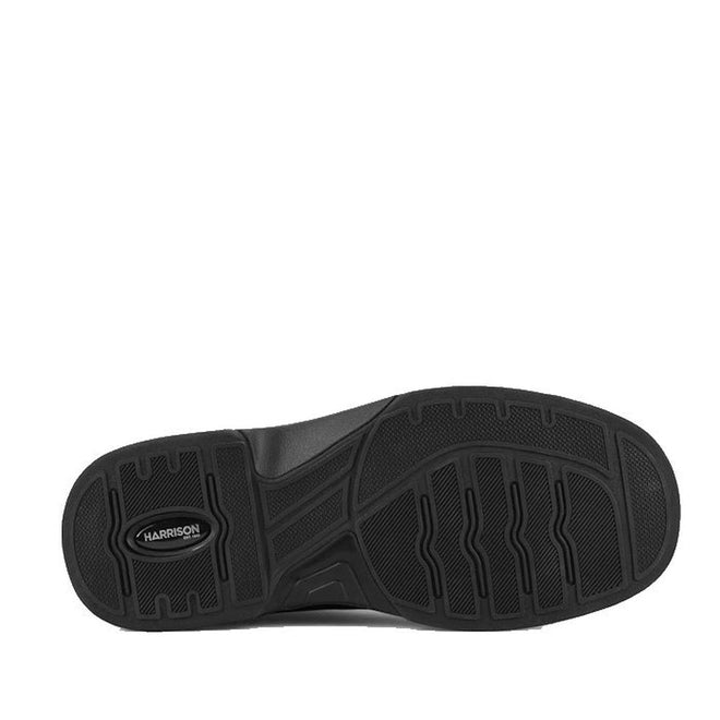 The image displays the black rubber outsole of the Harrison Echo Senior E Average Width Black Leather Lace School Shoe, featuring multiple textured grip patterns and "HARRISON" inside an oval near the heel., 9361913031033, 49687, 9361913031057, 49689, 9361913031071, 49691, 9361913031095, 49693, 49694