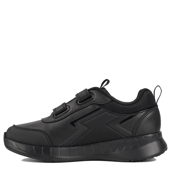 The Harrison Heat Black School Trainer features a low-profile leather upper, hook-and-loop straps, textured scuff-resistant sole, and zigzag side design. Shown in side view on white—ideal as a school sport shoe., 51761, 51762, 51763, 9361913036519, 9361913036533, 9361913036557, 9361913036571, 9361913036595, 9361913036618, 51770, 51771, 51761, 51762, 51763, 9361913036519, 9361913036533, 9361913036557, 9361913036571, 9361913036595, 9361913036618, 9361913036632, 51771