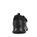 Back view of the Harrison Heat Black School Trainer with a textured, scuff-resistant sole, mesh and leather upper, heel pull tab, and hook & loop fastening, shown against a white background., 51761, 51762, 51763, 9361913036519, 9361913036533, 9361913036557, 9361913036571, 9361913036595, 9361913036618, 51770, 51771, 51761, 51762, 51763, 9361913036519, 9361913036533, 9361913036557, 9361913036571, 9361913036595, 9361913036618, 9361913036632, 51771