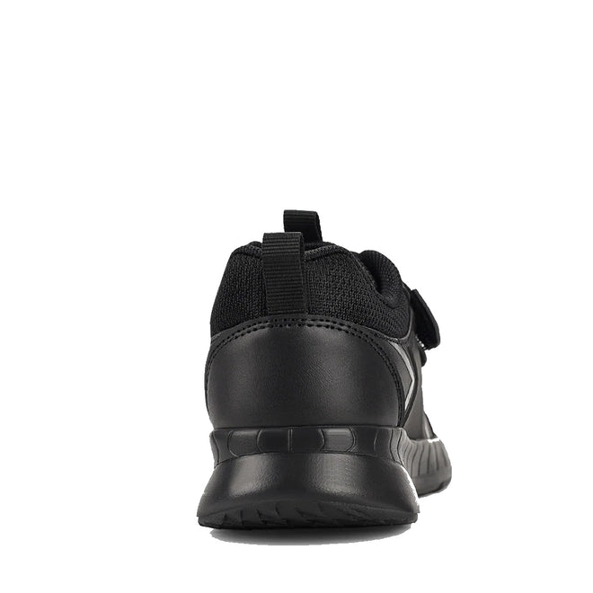 Back view of the Harrison Heat Black School Trainer with a textured, scuff-resistant sole, mesh and leather upper, heel pull tab, and hook & loop fastening, shown against a white background., 51761, 51762, 51763, 9361913036519, 9361913036533, 9361913036557, 9361913036571, 9361913036595, 9361913036618, 51770, 51771, 51761, 51762, 51763, 9361913036519, 9361913036533, 9361913036557, 9361913036571, 9361913036595, 9361913036618, 9361913036632, 51771