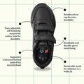 Top view of Harrison Heat Black School Trainer with scuff-resistant leather upper, adjustable hook & loop straps, reinforced toe cap, breathable mesh lining, recycled foam footbed, and removable insole on a grid background., 51761, 51762, 51763, 9361913036519, 9361913036533, 9361913036557, 9361913036571, 9361913036595, 9361913036618, 51770, 51771, 51761, 51762, 51763, 9361913036519, 9361913036533, 9361913036557, 9361913036571, 9361913036595, 9361913036618, 9361913036632, 51771