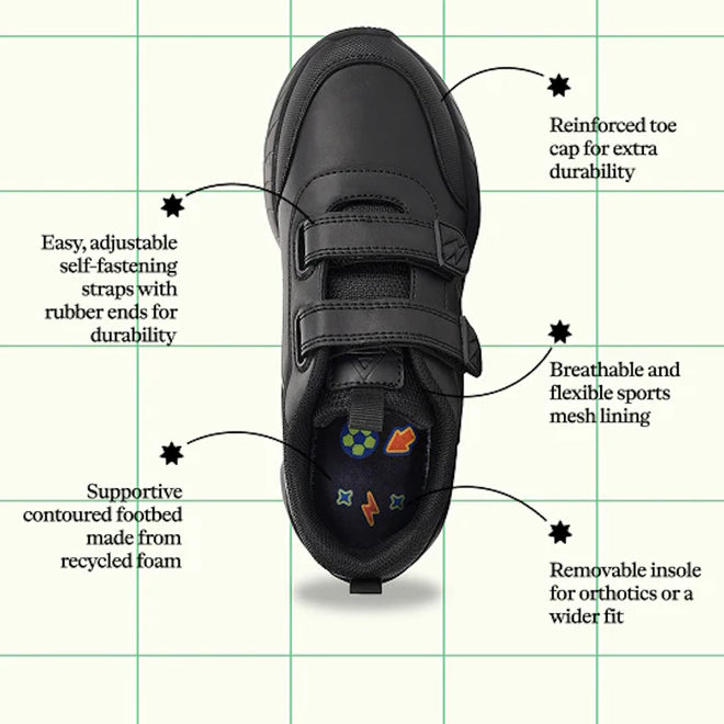 Top view of Harrison Heat Black School Trainer with scuff-resistant leather upper, adjustable hook & loop straps, reinforced toe cap, breathable mesh lining, recycled foam footbed, and removable insole on a grid background., 51761, 51762, 51763, 9361913036519, 9361913036533, 9361913036557, 9361913036571, 9361913036595, 9361913036618, 51770, 51771, 51761, 51762, 51763, 9361913036519, 9361913036533, 9361913036557, 9361913036571, 9361913036595, 9361913036618, 9361913036632, 51771