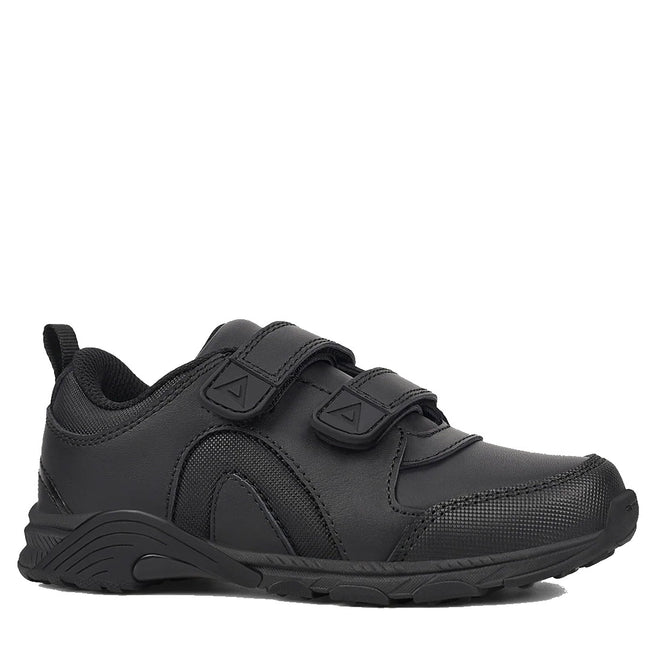 The Harrison Neo Black School Trainer features a textured sole and two hook-and-loop velcro straps, shown side profile on a white background—perfect for those seeking comfortable black school sports shoes.