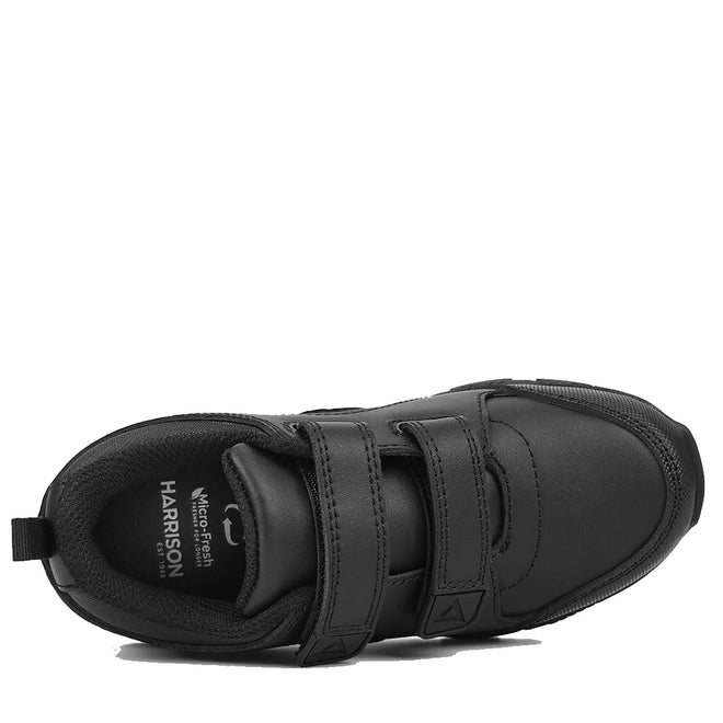 A single Harrison Neo Black School Trainer with two Velcro straps, shown from above. This comfy school shoe has a rounded toe, subtle stitching, and an insole marked Harrison Microfresh., 51750, 51751, 9361913027661, 9361913027678, 9361913027685, 9361913027692, 51756, 9361913027715, 51758, 51759, 9361913027746