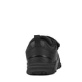 The Harrison Neo Black School Trainer is shown from the back, featuring its heel, outsole tread, pull tab, and upper design—crafted for comfort as a school shoe against a crisp white background., 51750, 51751, 9361913027661, 9361913027678, 9361913027685, 9361913027692, 51756, 9361913027715, 51758, 51759, 9361913027746