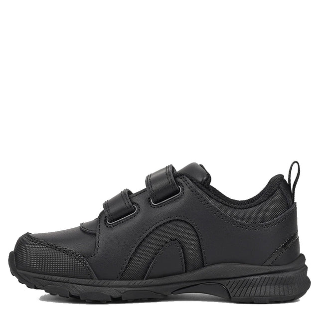 The Harrison Neo Black School Trainer is a black school sports shoe with a textured sole, two Velcro straps, pull tab at the heel, and a low-cut design—perfect for active days., 51750, 51751, 9361913027661, 9361913027678, 9361913027685, 9361913027692, 51756, 9361913027715, 51758, 51759, 9361913027746